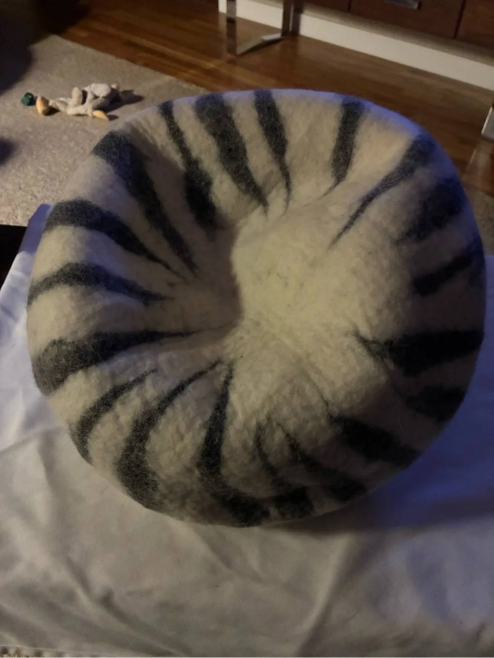 Plush Felted Cave Bed for Dogs - White & Gray Stripes Dog/  toy NoT Included :)